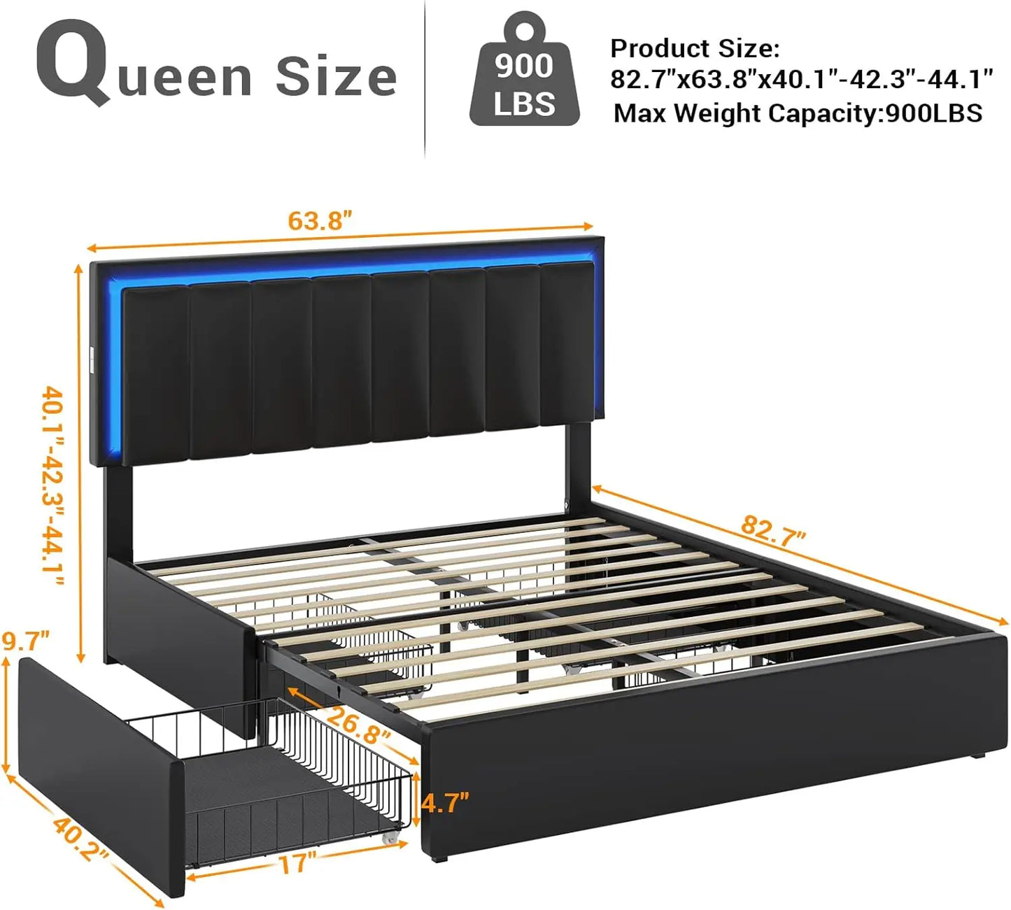 Cadre de lit Queen avec 4 tiroirs de rangement, lit plateforme Queen Size avec éclairage LED et station de charge, revêtement en cuir artificiel