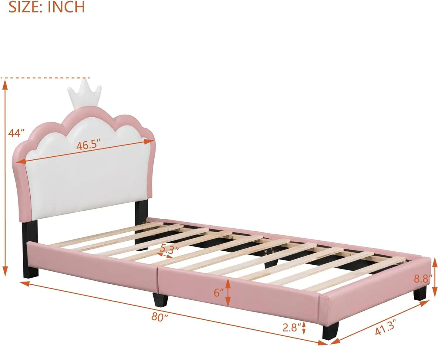 Cabecero de cama tapizado para niños y niñas, con plataforma de madera, no necesita somier, color blanco, rosa y corona