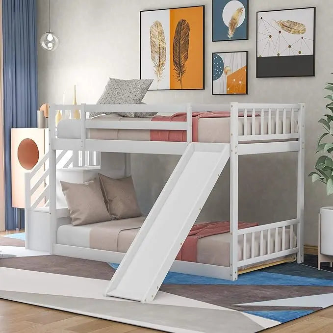 Lit superposé bas en bois massif pour enfants, lit superposé simple sur simple avec toboggan et escalier, escalier avec étagères de rangement/rampe