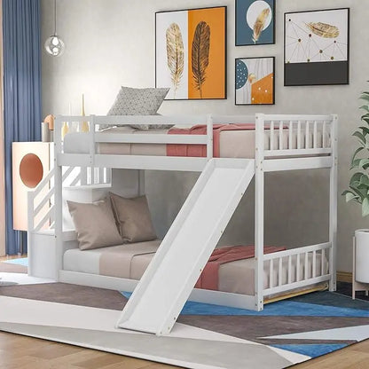 Solid Wood Low Bunk Bed for Kids, Twin Over Twin Floor Bunk Bed with Slide and Stair, Stairway with Storage Shelves/Handrail