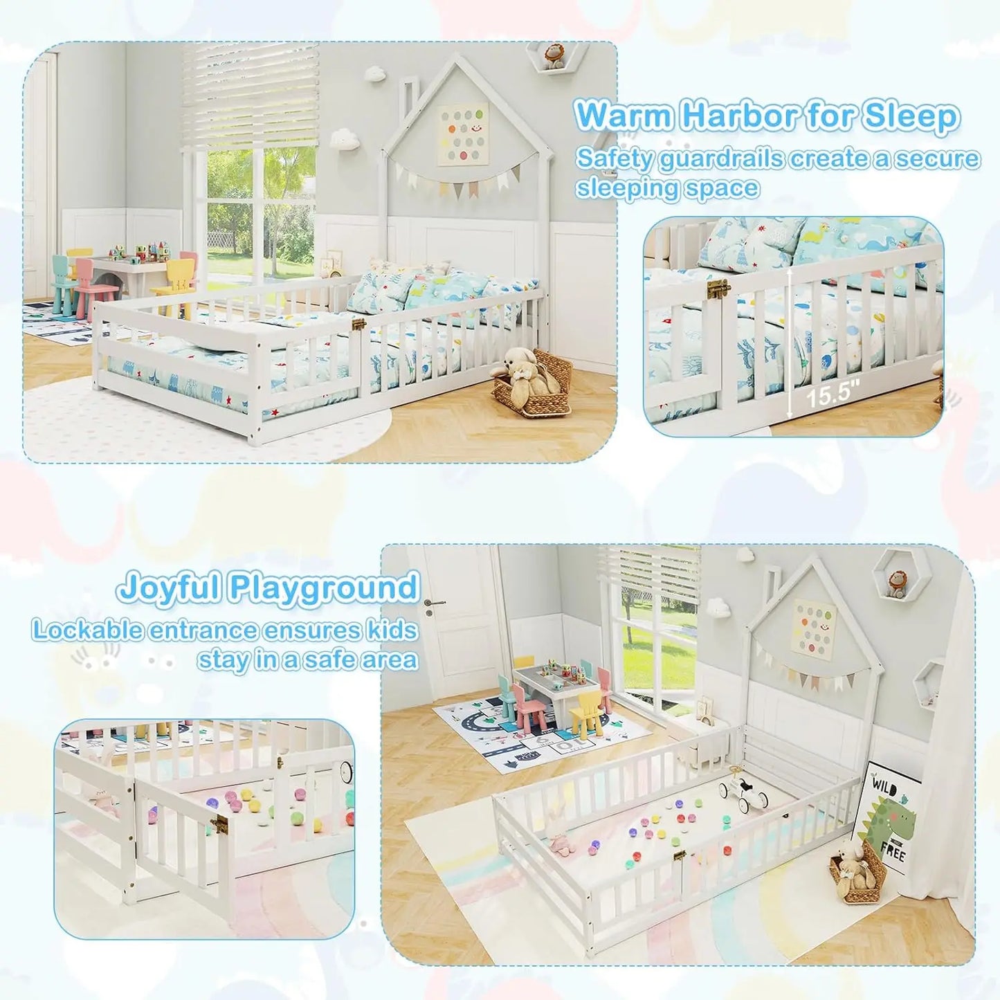 Twin Floor Bed, House-Shaped Montessori Bed Frame with Headboard, Full-Length Guardrail, Chimney & Solid Wood Structure, Without