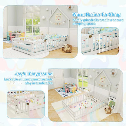 Twin Floor Bed, House-Shaped Montessori Bed Frame with Headboard, Full-Length Guardrail, Chimney & Solid Wood Structure, Without