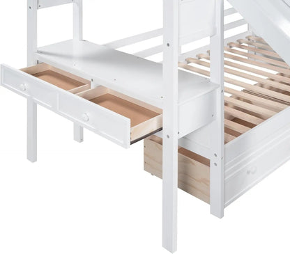 Lit superposé double avec bureau et escaliers Lit superposé polyvalent en bois avec tiroirs de rangement coulissants et étagères pour enfants et adolescents