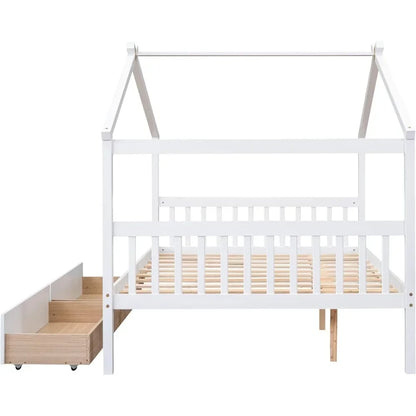 Cama de madera tamaño completo Merax con dos cajones, estructura de cama de madera con techo para niños, adolescentes, niños o niñas, color blanco