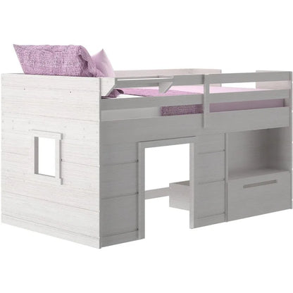 Loft Bed Twin Size, Solid Wood Low Loft Bed with Storage Drawer and Ladder, Modern Farmhouse Loft Bed for Kids, Driftwood