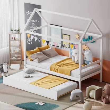 Cama nido para dos personas, estructura de cama tipo casita de madera maciza, sofá cama para niños con techo para niñas y niños, sin somier