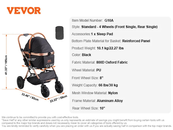 VEVOR 66 lbs Pet Stroller Foldable Dog Puppy Stroller with Brakes Storage Basket Detachable Carrier for Small to Medium Dogs