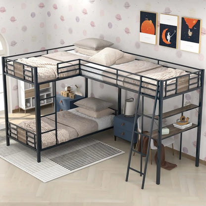 Loft Beds, L-Shaped Metal Corner Bunk Bed with Two Ladders, Twin Over Twin Bunk Bed with Twin Loft Bed W/Desk and Shelf, Beds