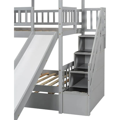 Kids Twin Over Twin Bunk Beds with Slide and Trundle, Bed Frame with Stairs and Storage, Playhouse Bunk Bed with Roof and Window