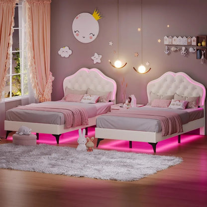 Twin Size Upholstered Bed Frame with LED Lights, Adjustable Headboard with Crystal Button, Princess Platform Bed for Girls