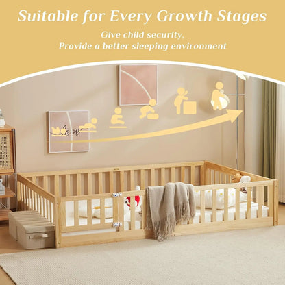 Toddler Floor Bed with Door and Fence for Kids, Montessori Bed with 12 Slats and Safety Guardrails, Kids Bed Solid