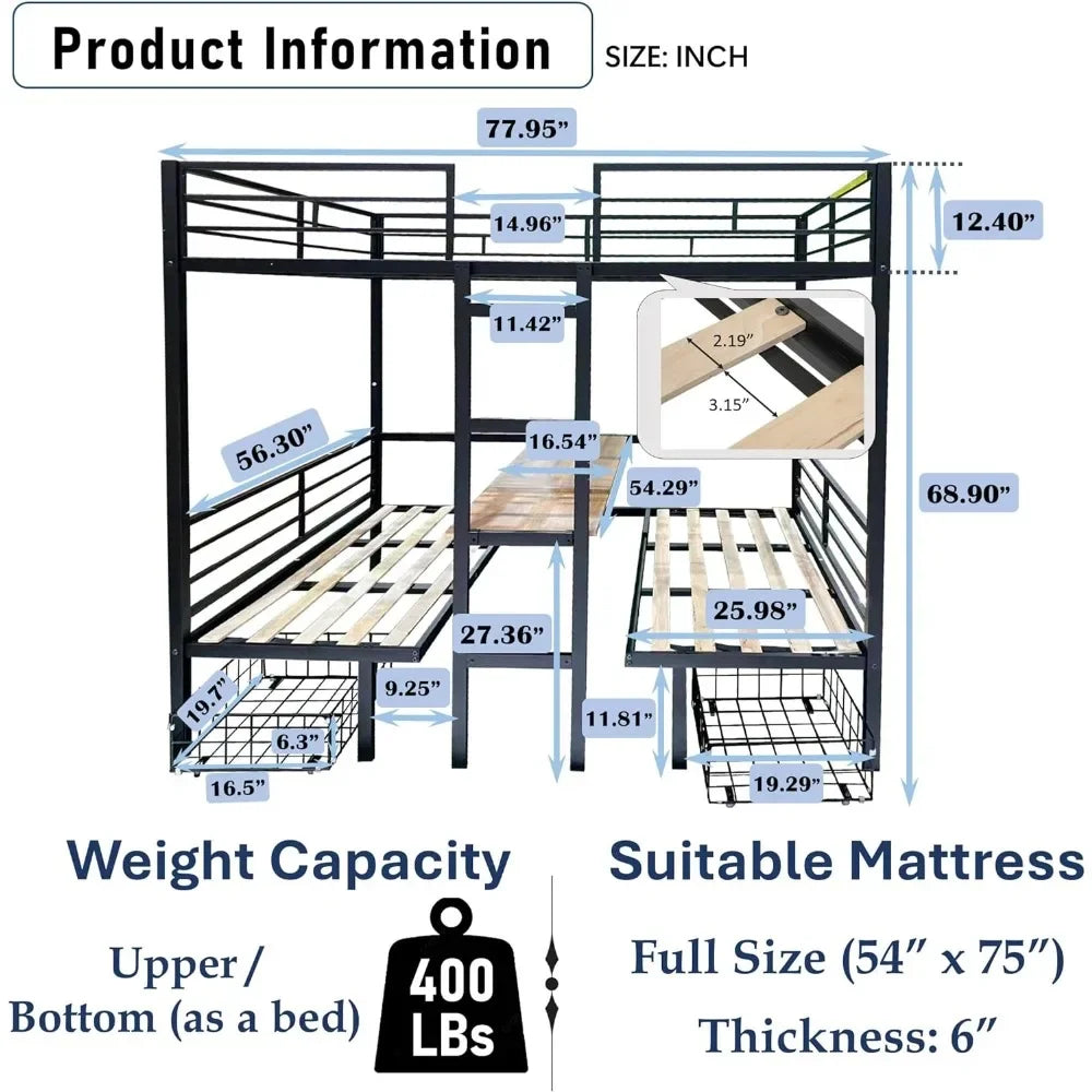 Lit superposé triple pour 3 enfants et adultes, lit simple superposé, cadre de lit en métal robuste avec garde-corps pour dortoir, chambre à coucher, chambre d'amis