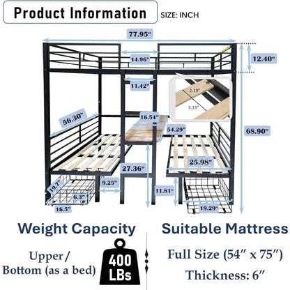 Triple Bunk Bed for 3 Kids Adults, Twin-Over-Twin-Over-Twin Sturdy Metal Bedframe w/Guardrail for Dorm, Bedroom, Guest Room