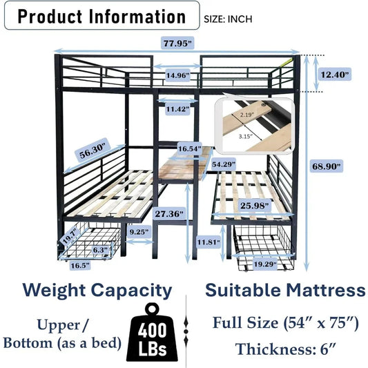 Litera triple para 3 niños y adultos, cama doble sobre cama doble, cama doble sobre cama individual, estructura de metal resistente con barandilla para dormitorio, habitación de invitados