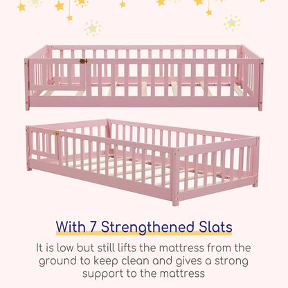 Twin Pink Montessori Bed with Safety Guardrails, Door, and Slats, Montessori Floor Bed for Kids, Wood Montessori Bed Frame