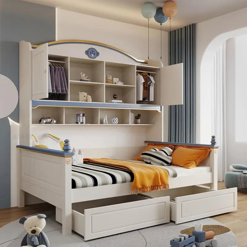 Cama de madera maciza para niños con estantes Dormitorio para niños de 5 a 8 años Armario de tres cajones Cama multifuncional estable para niños