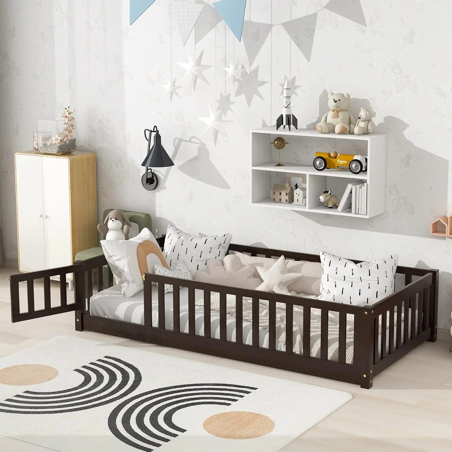 Twin Floor Bed for Children, Sturdy Wood Montessori Bed Frame with Wood Slats, Fence & Door, Montessori Floor Bed for Girls and