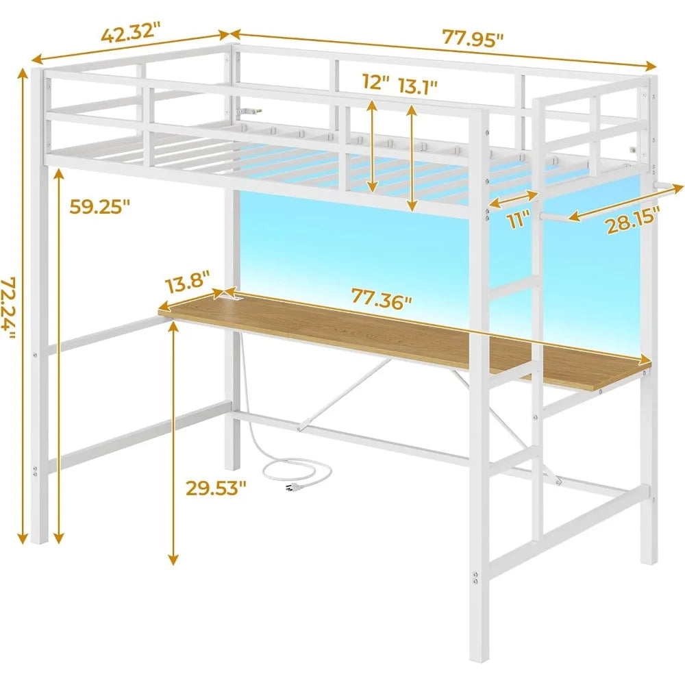 Cama alta, con escritorio y luces LED Cama alta de metal completa con toma de corriente Estructura de cama con litera superior y protección de seguridad y escalera, cama