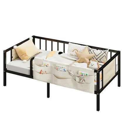 LIKIMIO - Estructura de cama doble con mesita de noche y barandilla, plataforma de metal duradera, no necesita somier, color blanco y negro