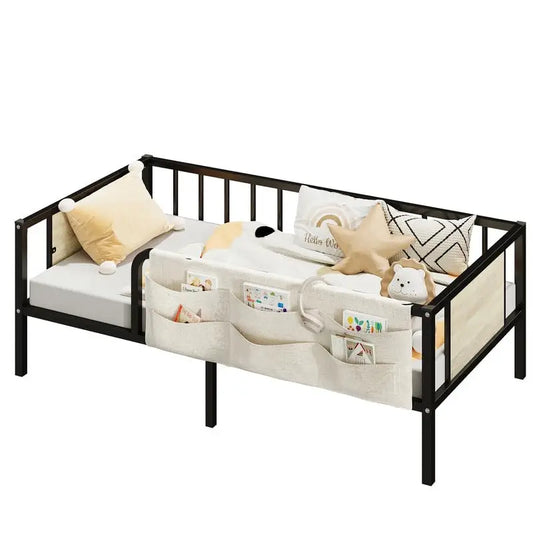 LIKIMIO Twin Bed Frame with Bedside Caddy and Guardrail, Durable Metal Platform Bed, No Box Spring Needed, White/Black