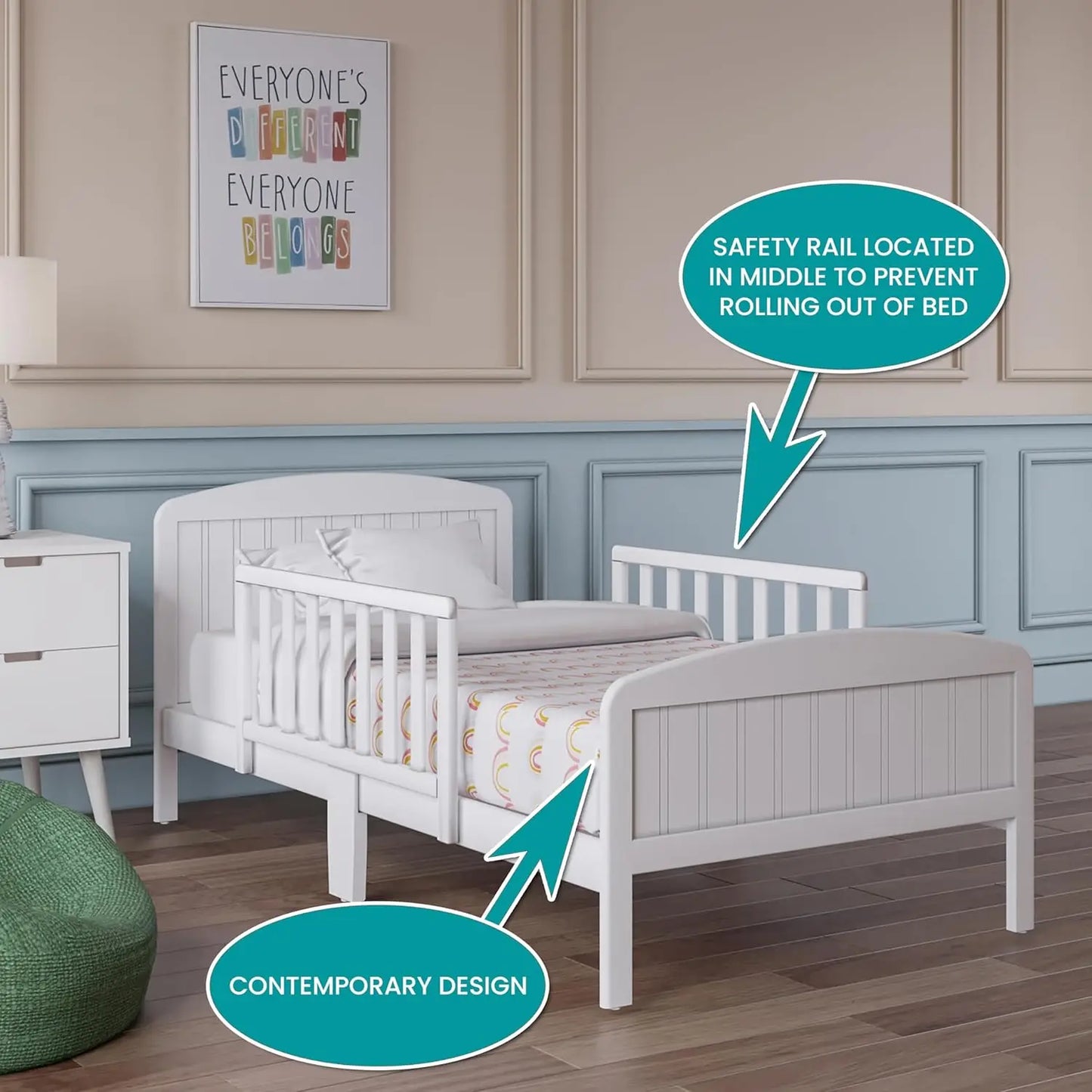 Cama para niños pequeños, cama de transición de diseño moderno de madera maciza para niños con barandillas para dormitorio infantil con 2 protectores de seguridad