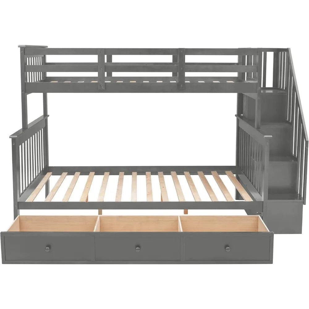 Twin Over Full Bunk Bed with Stairs and Storage Drawers, Hardwood Stairway Bunk Bed Frame for Kids Teens Adults, Bedroom, Dorm