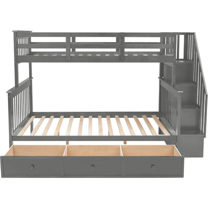 Litera doble sobre cama matrimonial con escaleras y cajones de almacenamiento, estructura de litera con escalera de madera noble para niños, adolescentes y adultos, dormitorio, dormitorio