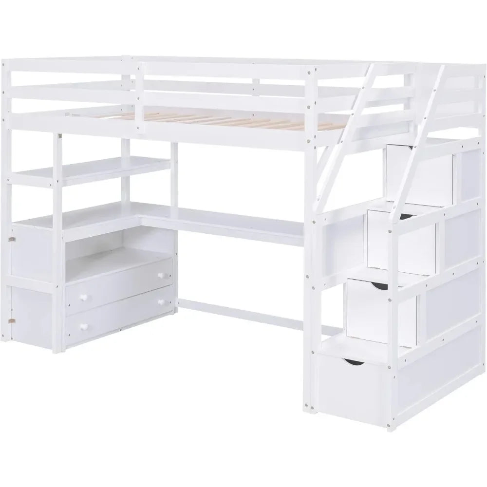 Cama tipo loft con escalera de tamaño doble, escritorio en forma de L, estantes, cajones de dos niveles y escalera de almacenamiento, camas para niños