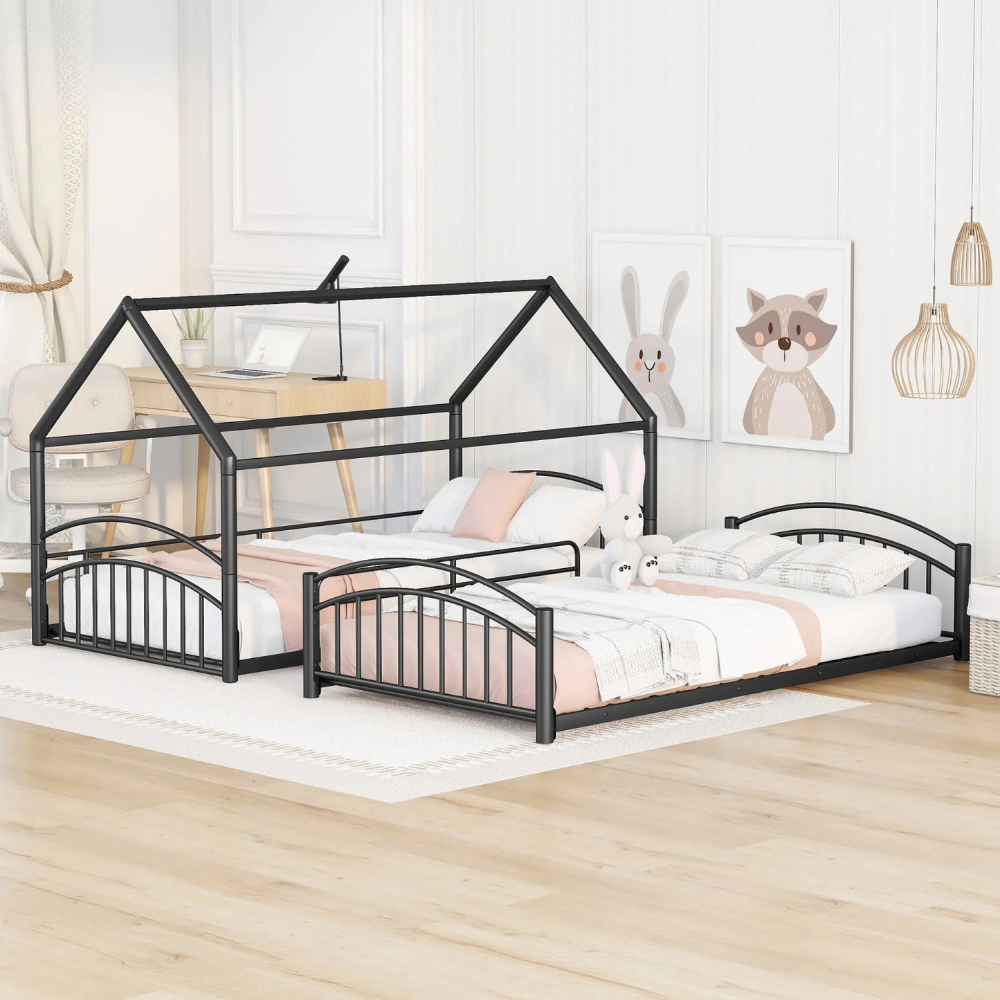 Litera de metal para dos personas con tobogán, cama tipo casa para niños, color negro y rojo