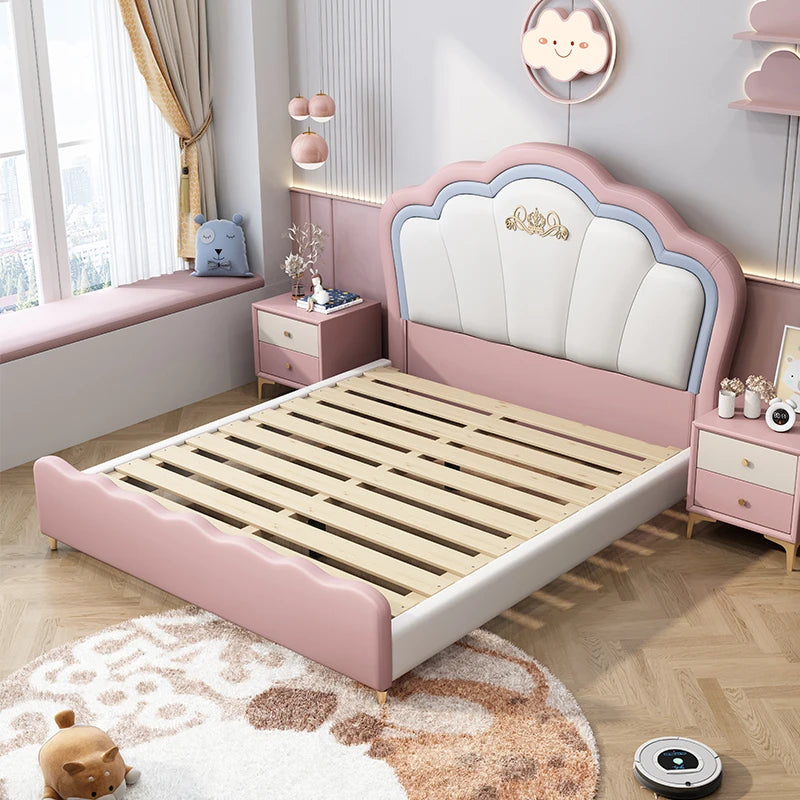 Lit pour enfants en cuir moderne pour filles, lit de luxe rose pour enfants, lit princesse en bois, ensemble de chambre à coucher pour enfants