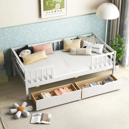 Komfott Wood Twin Kids Bed Frame With 2 Pull-Out Drawers & Side Shelf, Twin Bed Frame With Fence Railings, No Box Spring Needed