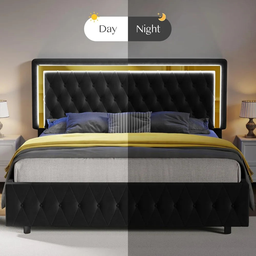 Cadre de lit Queen avec tête de lit et pied de lit à lumières LED, cadre de lit plateforme Queen Size rembourré en velours, aucun sommier nécessaire/noir