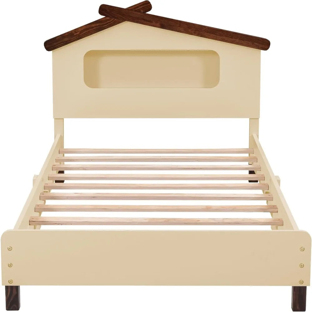 Cadre de lit double en bois crème pour enfants, tête de lit en forme de maison avec veilleuses à détection de mouvement, capacité de 200 lb, cadre de lit pour enfants