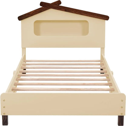 Marco de cama para niños de madera color crema, tamaño doble, cabecero en forma de casa con luces nocturnas activadas por movimiento, capacidad de 200 lb, marco de cama para niños