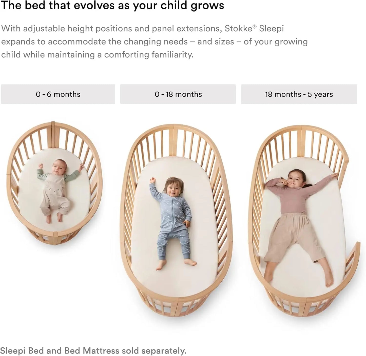 Ensemble mini Sleepi, naturel - Comprend un berceau/lit, un matelas et une tringle à rideaux - Convient aux enfants de 0 à 5 ans - Réglable