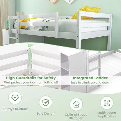 Twin Over Twin Bunk Bed with Storage Shelves, Solid Wood Bunk Bed Frame with Convertible Bookcase & Ladder, Floor Low Bunk Bed w