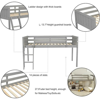 Lit mezzanine bas en bois avec échelle, lit mezzanine bas en bois avec garde-corps pour enfants ou adolescents, gain de place, pas besoin de sommier, taille double