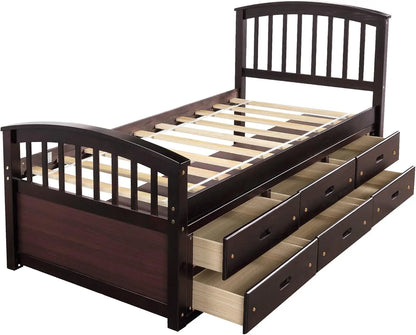 Cama de madera con dosel y cajones de almacenamiento, cama de plataforma con cabecero y pie de cama para dormitorio, cama con almacenamiento para niños y adolescentes