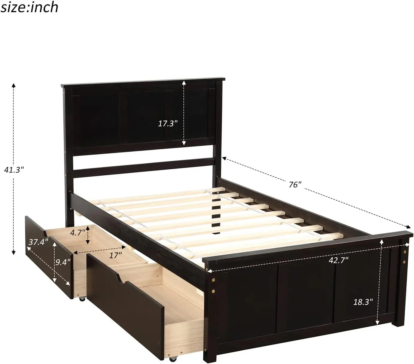 Cama individual con cajones, estructura de cama de plataforma de madera con cabecero y pie de cama, cama tipo capitán de madera para niños, niñas, niños y adolescentes