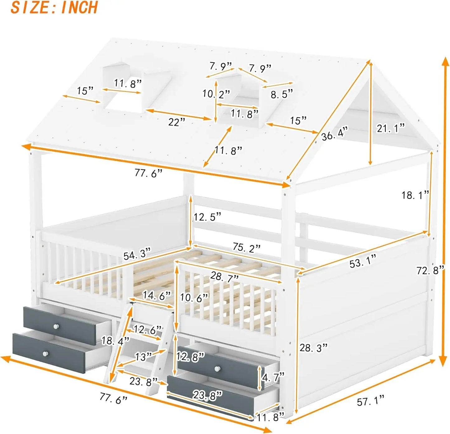 Cama tipo casa de tamaño completo Softsea con cajones de almacenamiento, estructura de cama de madera con barandillas y escalera deslizante, cama con forma de casa para niños