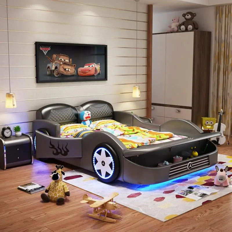 Lit de luxe personnalisé pour enfant garçon, garde-corps, lit de voiture de sport, lit de dessin animé, porte de rangement, cabine, meubles de chambre à coucher, lit de voiture pour enfants