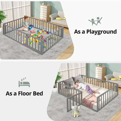 Cama de piso Montessori de tamaño grande, marco de cama de madera multifuncional con valla y puerta para dormitorio de niños, niñas y sala de estar, sin