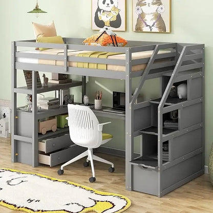 Cama tipo loft con escalera de tamaño doble, escritorio en forma de L, estantes, cajones de dos niveles y escalera de almacenamiento, camas para niños