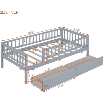 Lit double avec tiroirs, lit de repos pour enfants avec rangement, cadre de lit en bois avec lattes pour enfants, tout-petits, garçons et filles