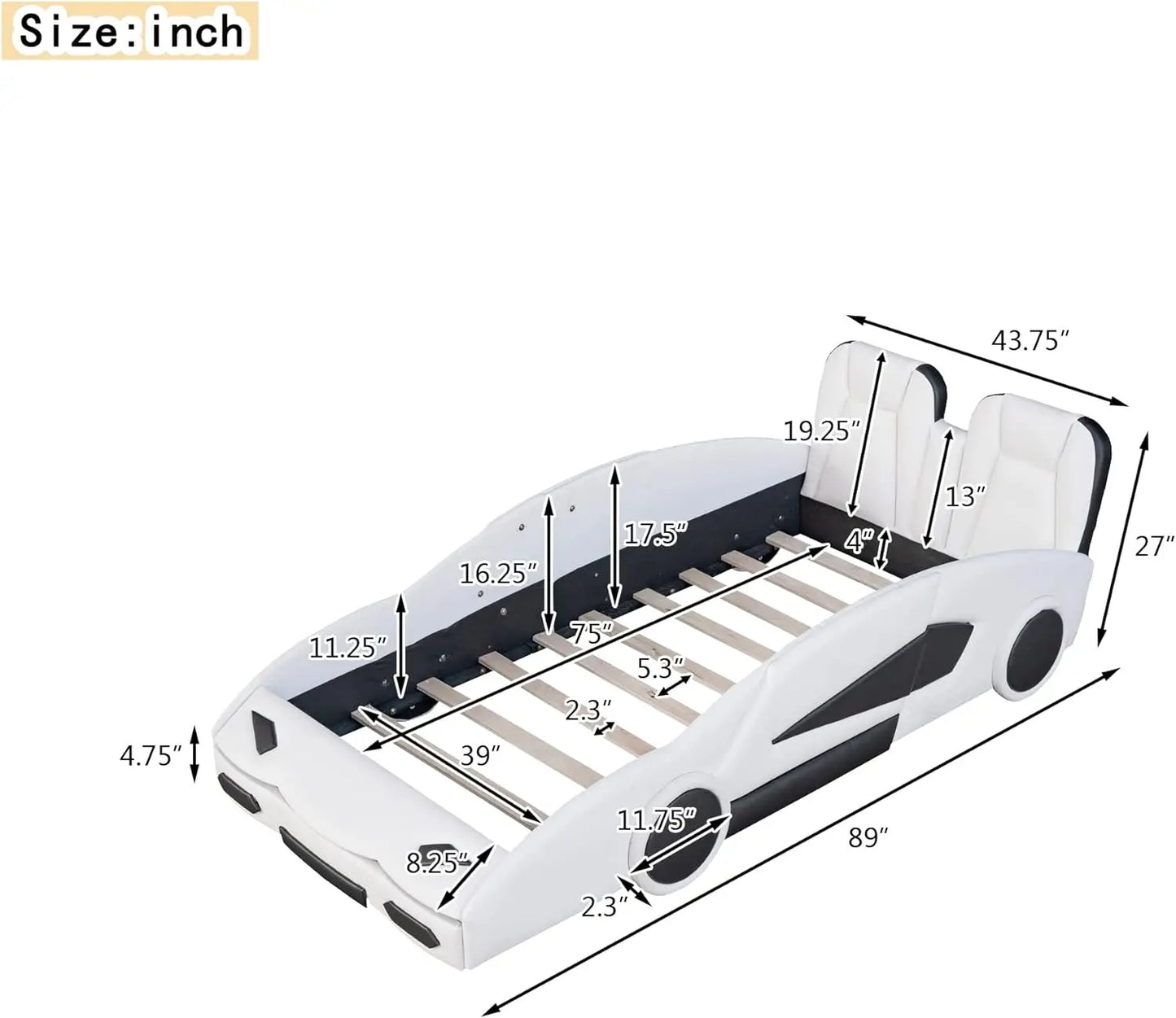 Cama de coche de carreras de tamaño doble para niños, marco de cama de coche genial con ruedas para niños, cama doble para niños con forma de coche de carreras y barandilla para