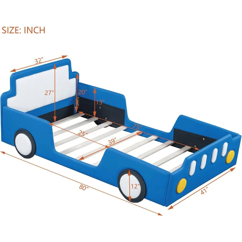 Cadre de lit de voiture en cuir PU pour garçons, taille double, cadre de lit pour enfants avec tête de lit, convient au matelas double standard (sans matelas)