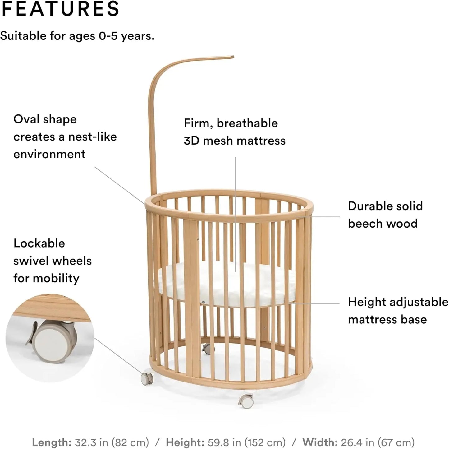 Ensemble mini Sleepi, naturel - Comprend un berceau/lit, un matelas et une tringle à rideaux - Convient aux enfants de 0 à 5 ans - Réglable