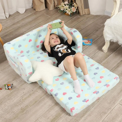 Sofá para niños pequeños con asientos más anchos, sofá suave 2 en 1 para niños pequeños plegable con almohada de estrella, sofá convertible en tumbona para niñas y niños