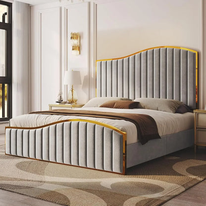 Queen Size Bed Frame, 61.4" High Headboard Platform Bed Velvet With Gold Trim & Footboard/No Box Spring Required,bed Frame