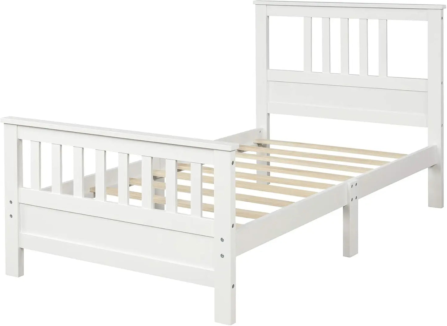 Lit plateforme double en bois massif blanc pour enfants, cadre de lit plateforme double avec tête de lit/pied de lit/support à lattes en bois, sans sommier